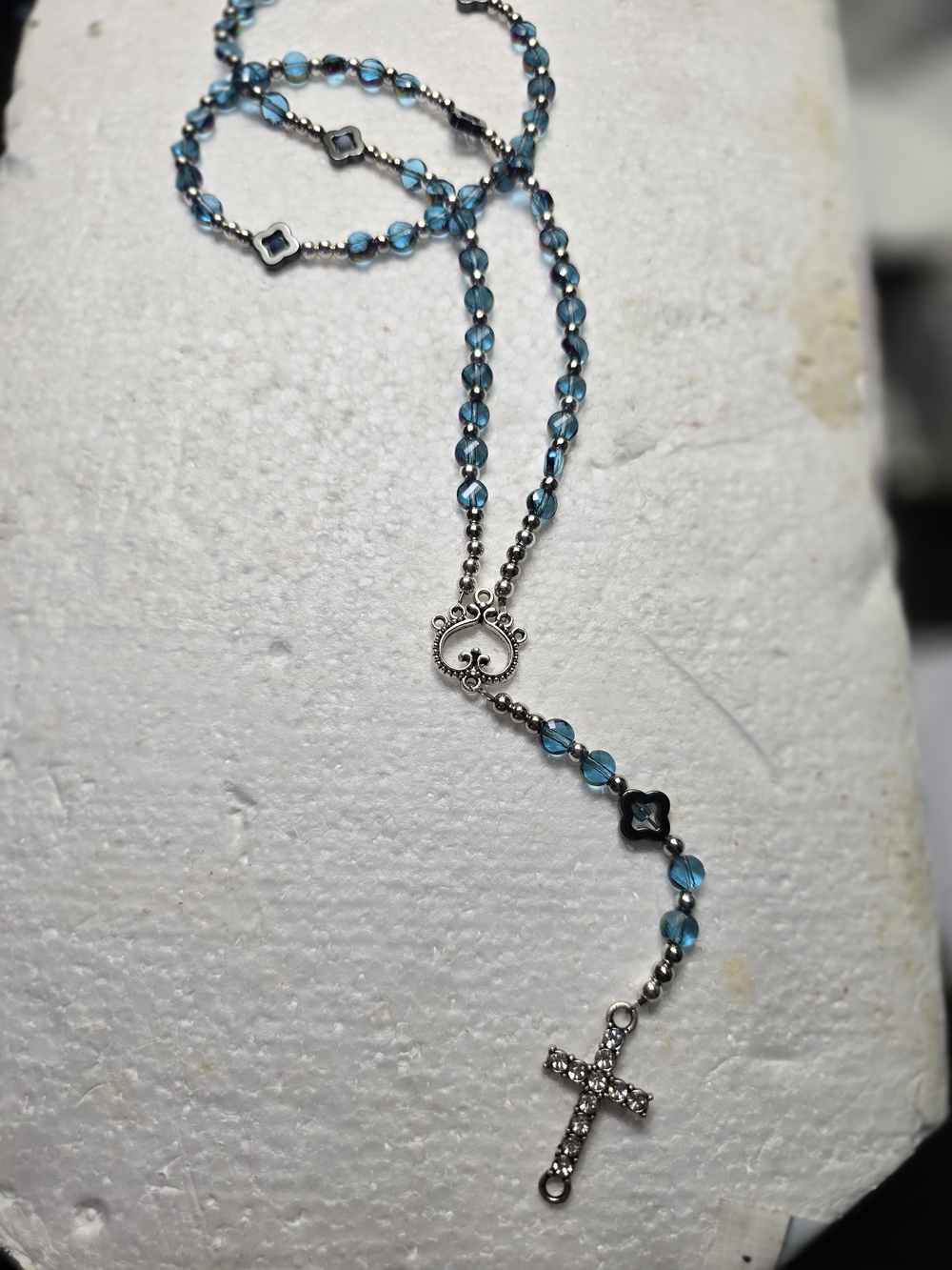 Blue Crystal Rosary-Style Cross Necklace